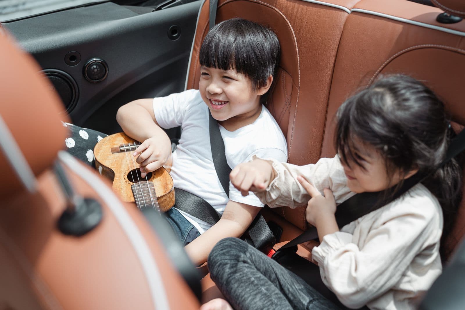 Two young children fastened into seat belts in the back seat of a car